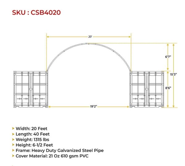 Mytee Products 40′(L) x 20′(W) Shipping Container Canopy Shelter – 21 Oz 610 GSM PVC White Cover Storage Container Roof with No End Walls – Durable & Weather-Resistant 40′ (L) x 20′ (W) - Image 4
