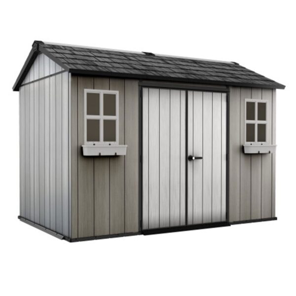 Keter Oakland 11’ X 7.5′ Customizable Outdoor Resin Storage Shed – Perfect for Large Items and Durable Construction with Skylight and Victorian Style Windows Gray 11 x 7.5 - Image 2