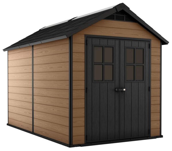 Keter Newton 7.5×11 Large Resin Outdoor Storage Shed Kit – Perfect to Store Patio Furniture, Garden Tools, Bike Accessories, and Lawn Mower, Mahogany Brown