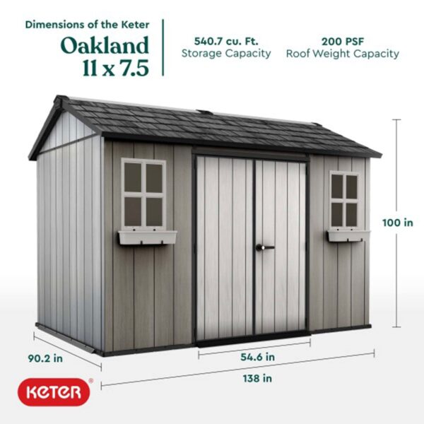 Keter Oakland 11’ X 7.5′ Customizable Outdoor Resin Storage Shed – Perfect for Large Items and Durable Construction with Skylight and Victorian Style Windows Gray 11 x 7.5