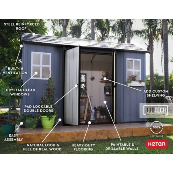 Keter Oakland 11’ X 7.5′ Customizable Outdoor Resin Storage Shed – Perfect for Large Items and Durable Construction with Skylight and Victorian Style Windows Gray 11 x 7.5 - Image 4