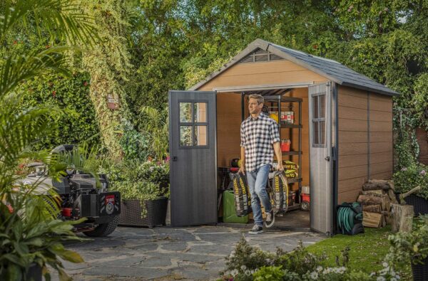 Keter Newton 7.5×9 Large Resin Outdoor Storage Shed Kit – Perfect to Store Patio Furniture, Garden Tools, Bike Accessories, and Lawn Mower, Mahogany Brown - Image 3