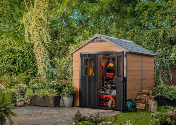 Keter Newton 7.5×9 Large Resin Outdoor Storage Shed Kit – Perfect to Store Patio Furniture, Garden Tools, Bike Accessories, and Lawn Mower, Mahogany Brown - Image 8