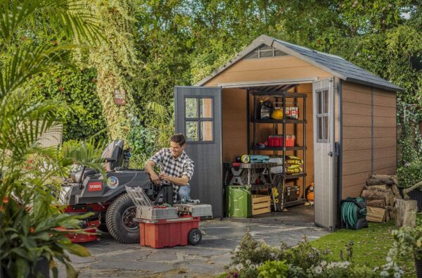 Keter Newton 7.5×9 Large Resin Outdoor Storage Shed Kit – Perfect to Store Patio Furniture, Garden Tools, Bike Accessories, and Lawn Mower, Mahogany Brown - Image 9