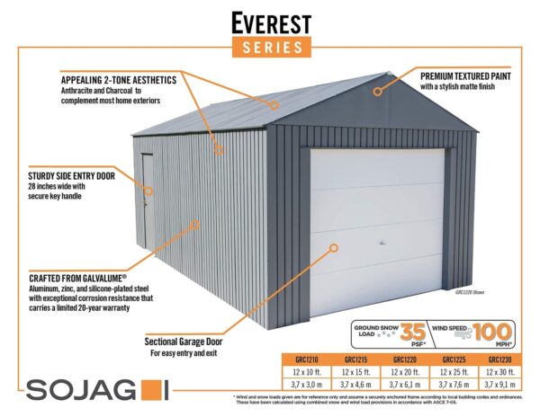 Sojag 12′ x 20′ Everest Galvalume Steel with Extra Tall Walls Garage Storage Building, Charcoal 12′ x 20′ - Image 3