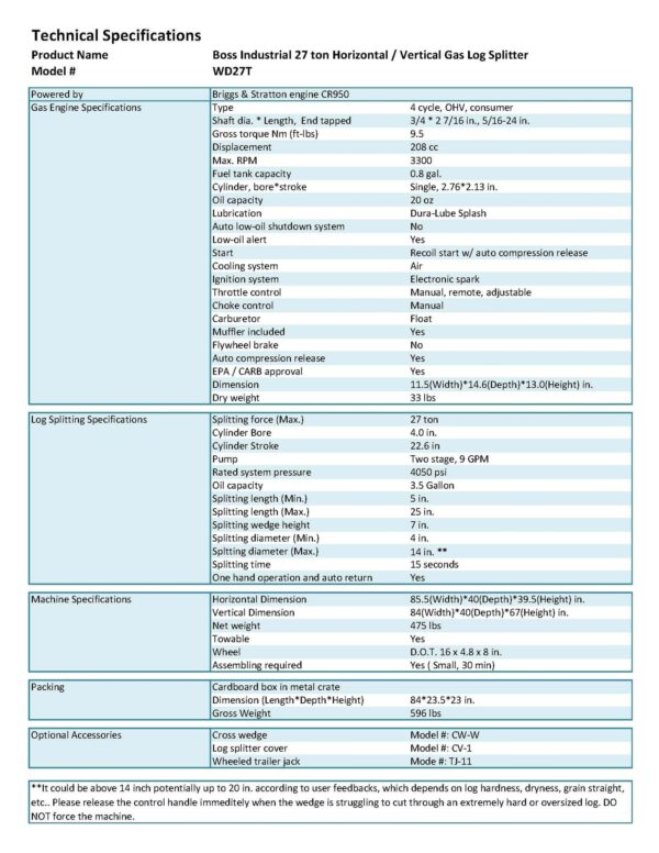 Boss Industrial 27-Ton Horizontal/Vertical Gas Log Splitter (WD27T) - Image 4