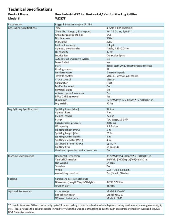 Boss Industrial 37-Ton Horizontal/Vertical Gas Log Splitter (WD37T) - Image 3