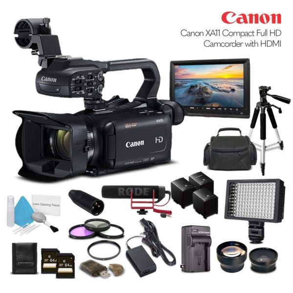 Canon XA11 Compact Full HD Camcorder With 2-64GB Cards, 2 Extra Batteries and Charger, LED Light, Case, Tripod, Rode VM-GO Mic, Screen, Sony MDR-7506 Headphones – SupremeBundle